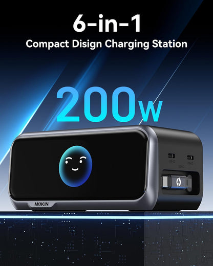 MOKiN 200W Charging Station with Retractable Cord, 6-Port Desktop Charger