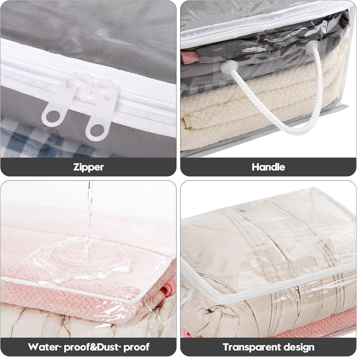 10-Pack Clear Zippered Storage Bags with Handles, Two-Way Zipper Foldable Closet Organizer, Bed Sheet Organizer, Plastic Storage Bin for Clothes, Towels