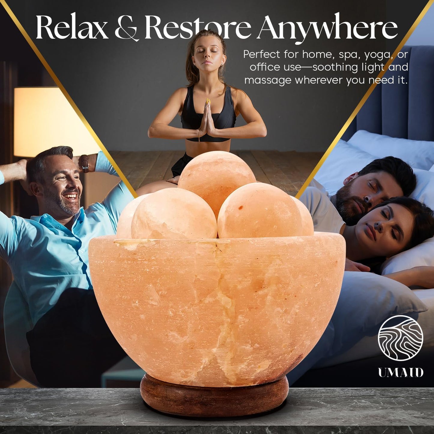 UMAID Himalayan Salt Lamp 8–10"(7–11 lb) Dimmable Pink Rock Salt Lamp with Wooden Base & Night Light Bulb, Spa Decor for Meditation Room, Massage Stones Ambiance, Desk & Bedroom,Gifts for Men & Women