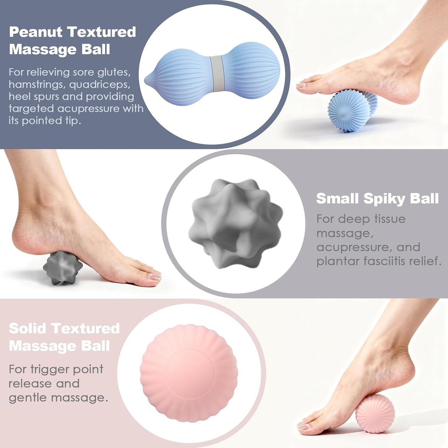 Silicone 3-Piece Massage Ball Set - Peanut, Textured and Spiky Lacrosse Balls to Relieve Tension,Muscle Knots & Plantar Fasciitis with Deep Tissue Release for Foot,Back,Hip,Arm & Legs