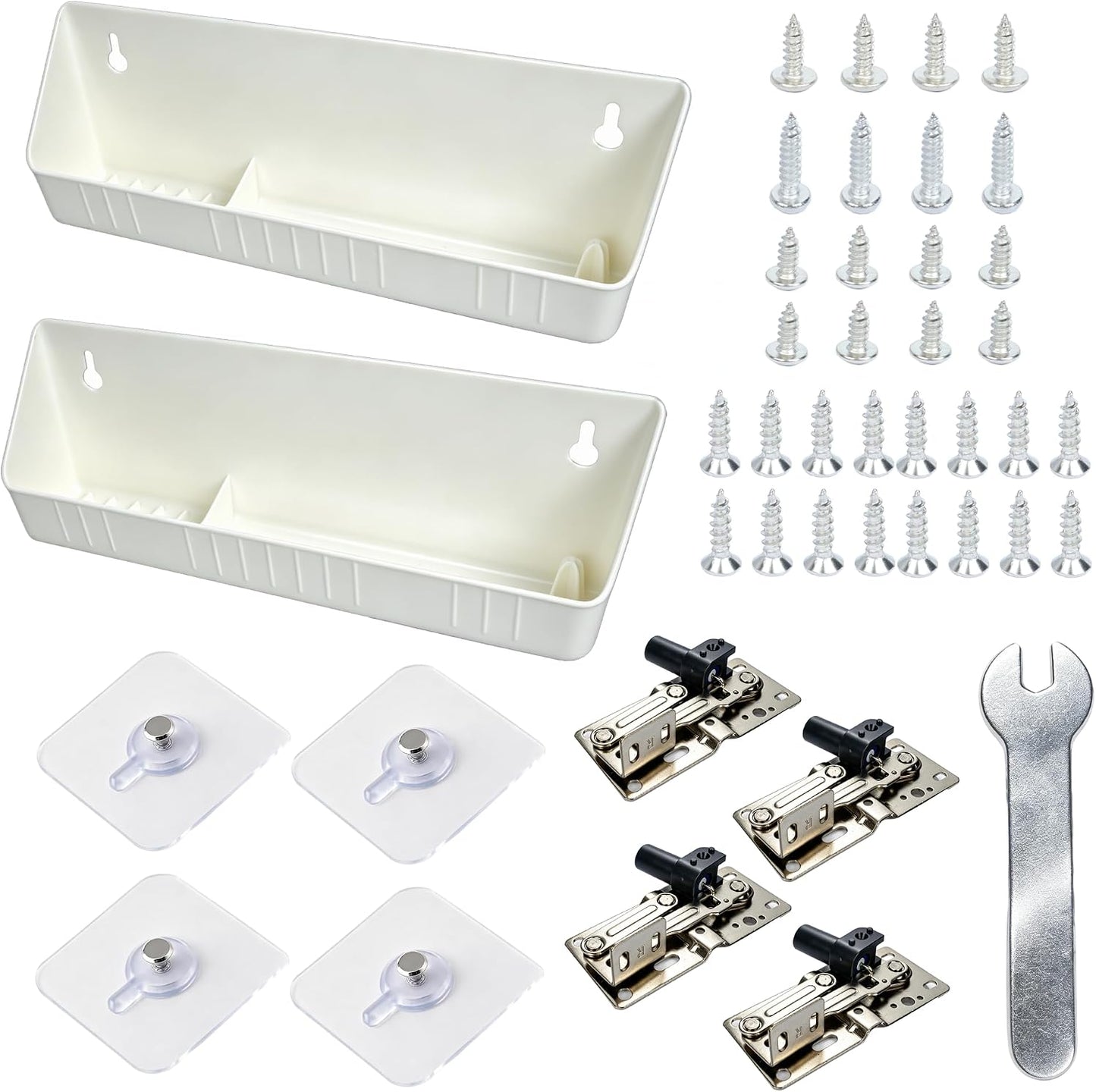 11" Tip-Out Plastic Sink Trays with LD-0220-50SC Steel Hinges | Kitchen Sink Front Tip Out Tray Kit for Bathroom and Kitchen | White (2 Trays & 4 Hinges & Screws Set & 1 Installation Wrench)