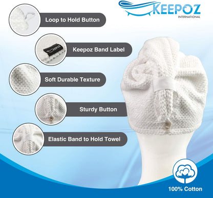 KEEPOZ 100% Cotton Hair Towel Wrap Quick Dry Super Absorbent Turban Head Wrap for Women with Button, Anti Frizz, Hair Cap for Curly, Long & Thick Hair (White, 1 Pc)