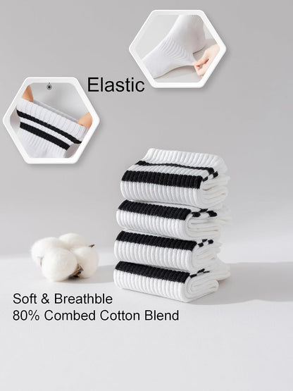 YUWELL Womens Striped Crew Socks, Cotton Cozy Casual Socks for Women 4 Pairs, Size 5-10