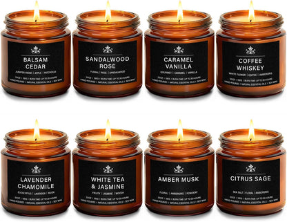 Scented Candles for Home,8 Pack Soy Wax Candle Set,Scented Candles Gift Set,Aromatherapy Candles, Amber Jar Vintage Apothecary Style, 8 Scents Gift Set