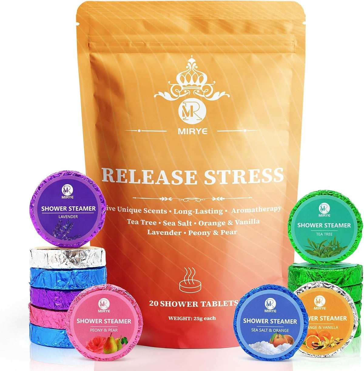 MR MIRYE Shower Steamers Aromatherapy - 20 Pack Shower Bombs Aromatherapy Birthday Gifts for Women, Organic Watermelon, Orange & Vanilla, Sea Salt & Orange, Rose, Tea Tree, Gift for Women