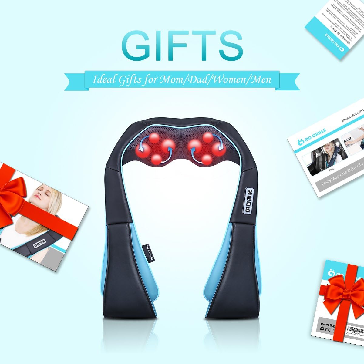 Mo Cuishle Women Men Gifts, Shiatsu Back Shoulder and Neck Massager with Heat, Electric Deep Tissue 4D Kneading Massage, Best Gifts for Mom Dad Wife Husband her Him, Christmas, Birthday (NOT Cordless)