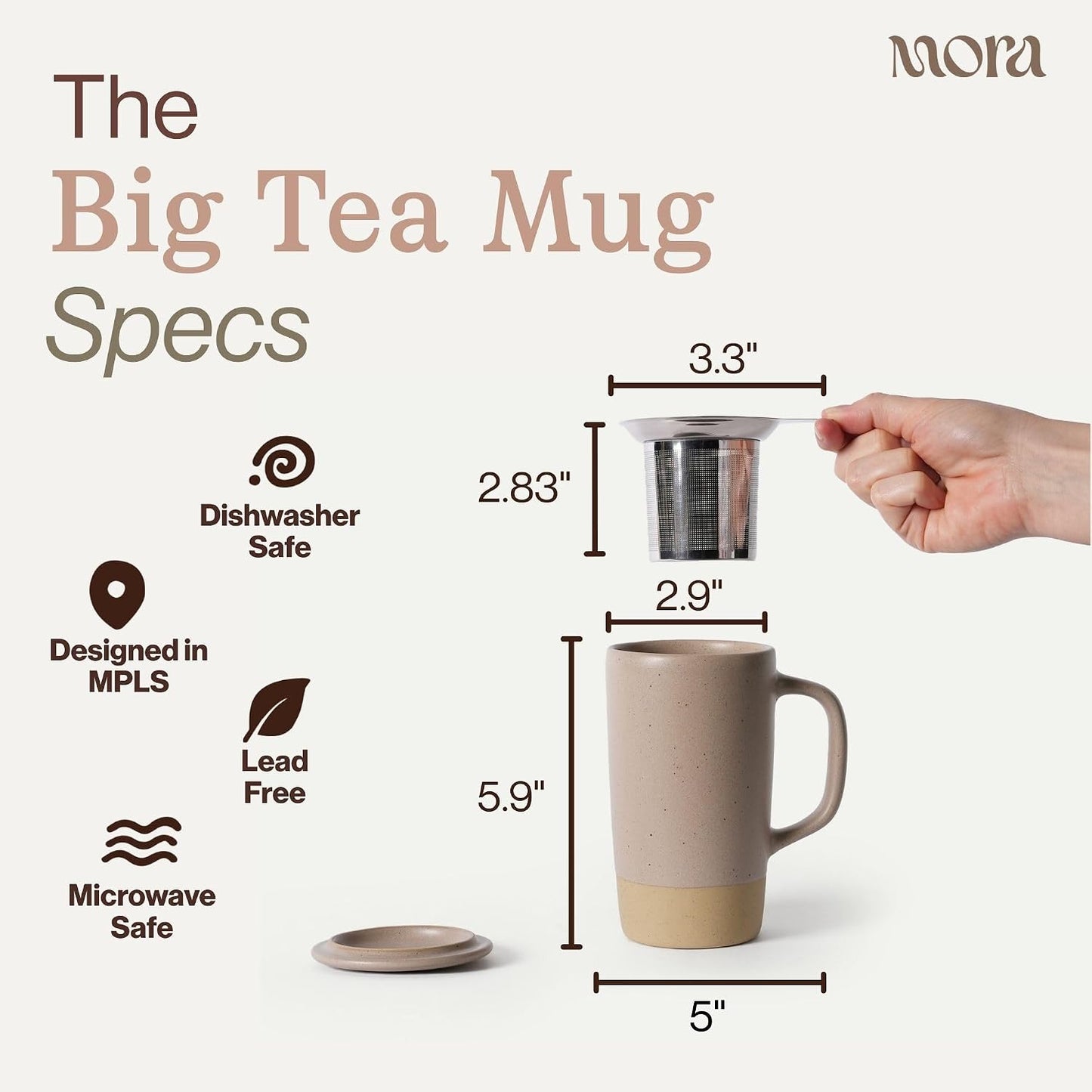 Mora Ceramics Large Tea Mug with Loose Leaf Infuser and Ceramic Lid, 18 oz, Portable, Microwave and Dishwasher Safe, Tall Coffee Cup - Rustic Matte Ceramic Glaze, Modern Herbal Tea Strainer, Olive