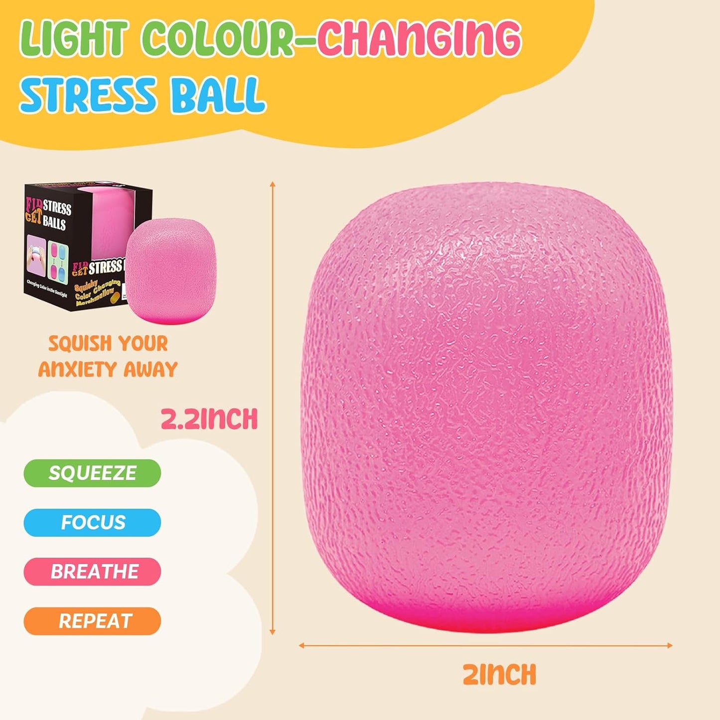 Fidget Toys Stress Balls for Kids & Adults - Changes Color in The Sun - Malt Sugar Squishy Fidget Toys - Slow Rise Gel Ball - Stretchy Squeeze Stress Relief Balls for Anxiety