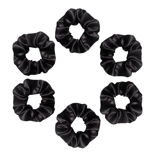 Silvr Bear Luxury Satin Skinny Scrunchies, 6 Count - Black Skinny, Hair Ties for Women, Girls and Men, Softer than Silk Scrunchies, Hair Accessories for All Hair Types