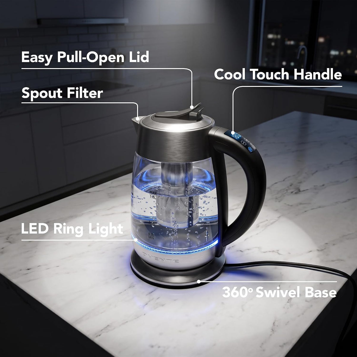 OVENTE 1.7L Glass Electric Kettle with Tea Infuser, Silver KGD913S