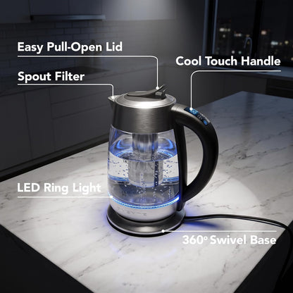 OVENTE 1.7L Glass Electric Kettle with Tea Infuser, Silver KGD913S