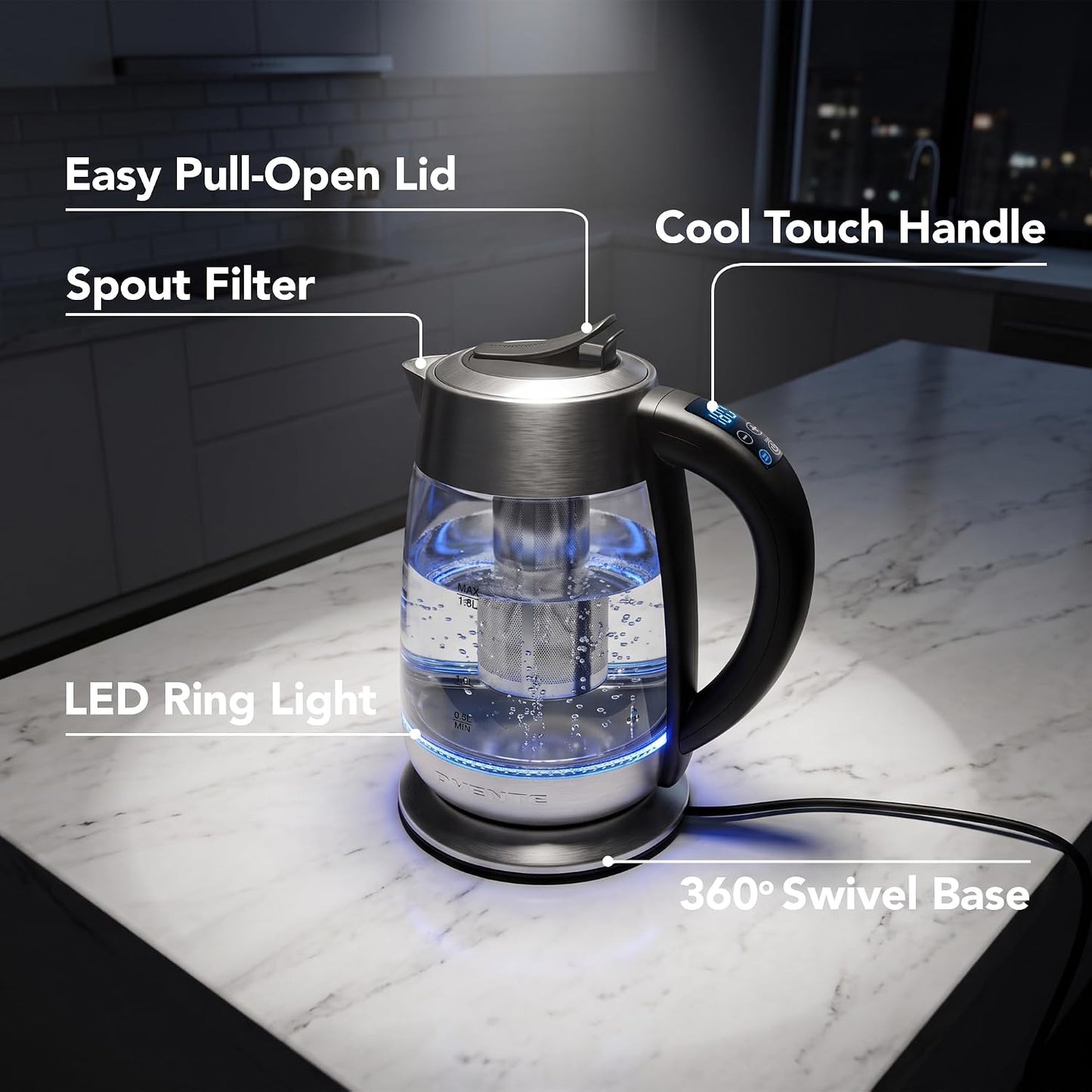 OVENTE 1.8L Glass Electric Kettle with Tea Infuser, Silver KGD752S