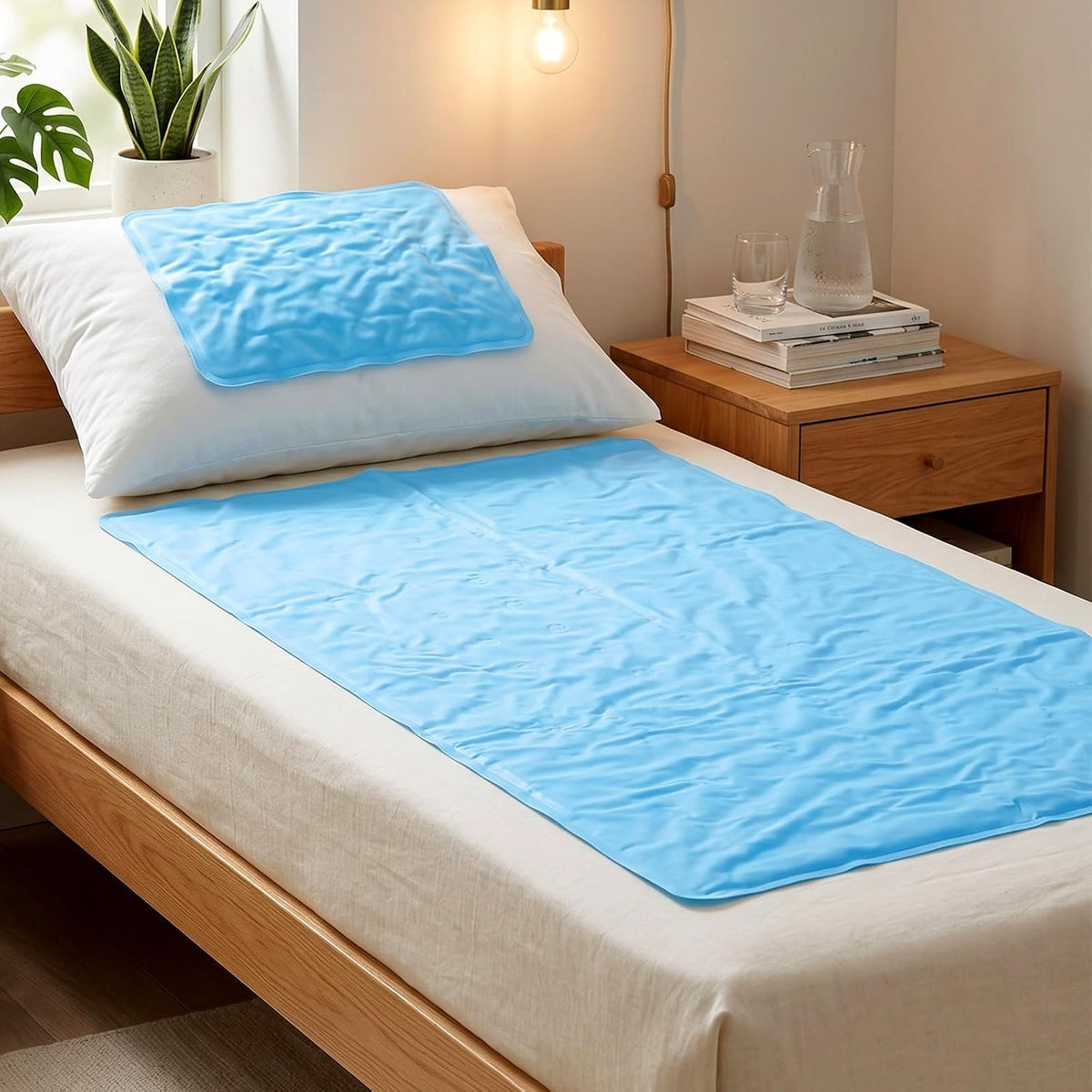 Novabright 2 Pcs Cooling Pad with Pillow Set Cold Mat Gel for Bed 47'' x 28'' Cooling Mattress Pad for Night Sweats, Hot Sleepers, Hot Flashes, Pain Relief, Summer Supplies(Simple,Sky Blue)