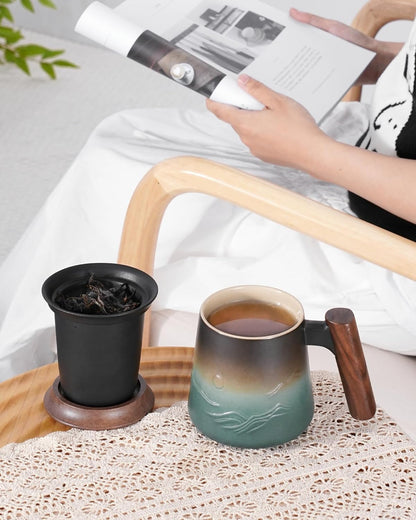 ZENS Embossed Ceramic Tea Mug with Infuser and Lid, 14.5 oz Wooden Handle, Loose Leaf Tea Steeper Cup & Strainer for Tea Lovers Gifts