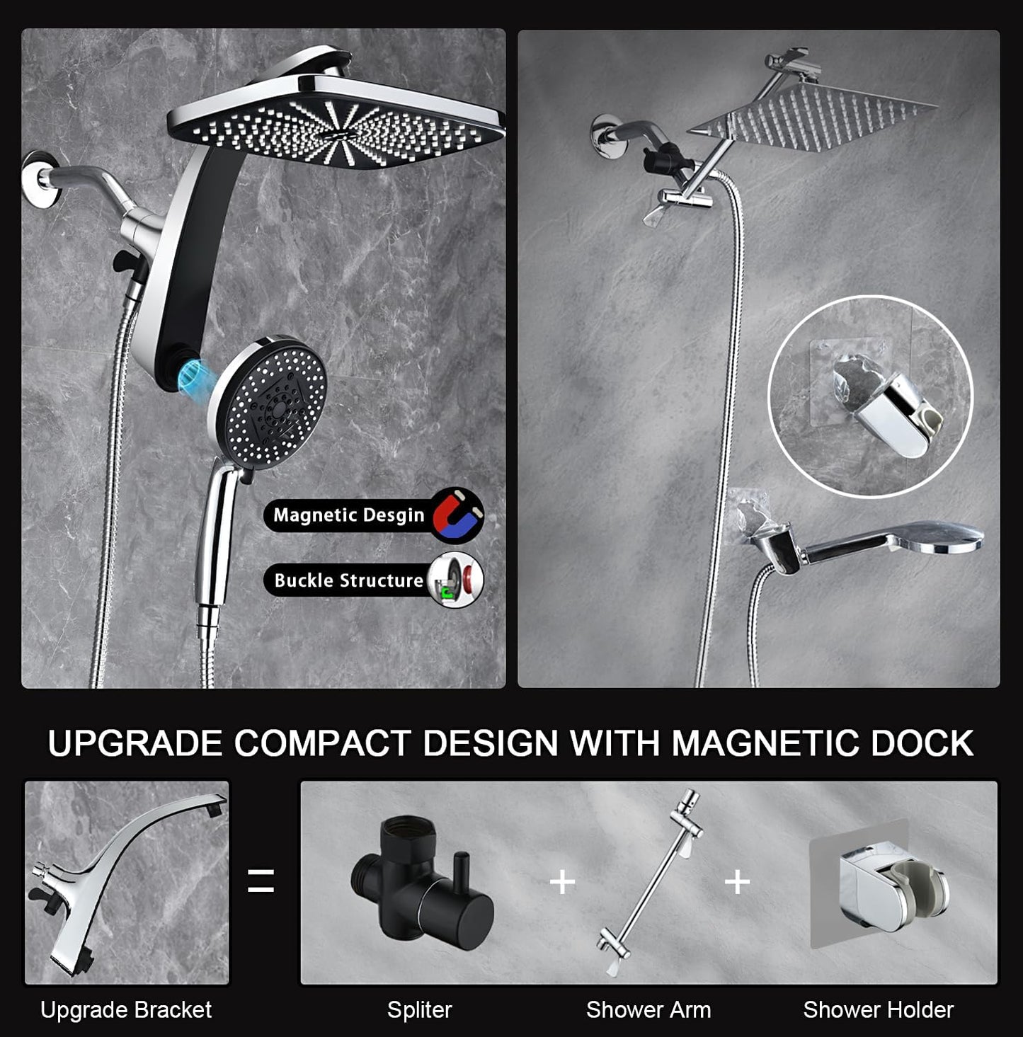 BOZYBO Rain Shower Head with Handheld: High Pressure Shower Heads with Handheld Spray Combo, 12" Rainfall Shower Head and 9 Sprays Hand Showerheads with Magnetic Docking and Power Jets, Black 1.75GPM