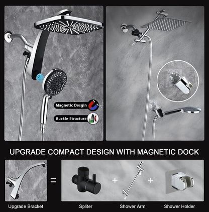 BOZYBO Rain Shower Head with Handheld: High Pressure Shower Heads with Handheld Spray Combo, 12" Rainfall Shower Head and 9 Sprays Hand Showerheads with Magnetic Docking and Power Jets, Black 1.75GPM