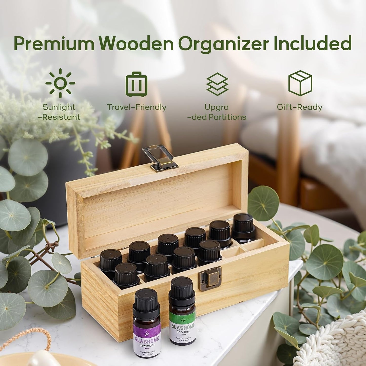 12 Pack Essential Oils for Diffusers for Home - Water Soluble Diffuser Oils Set for Humidifiers & Spa, Scented Oil with Wooden Gift Box for Women - Lavender, Peppermint, Sweet Orange, Tea Tree & More