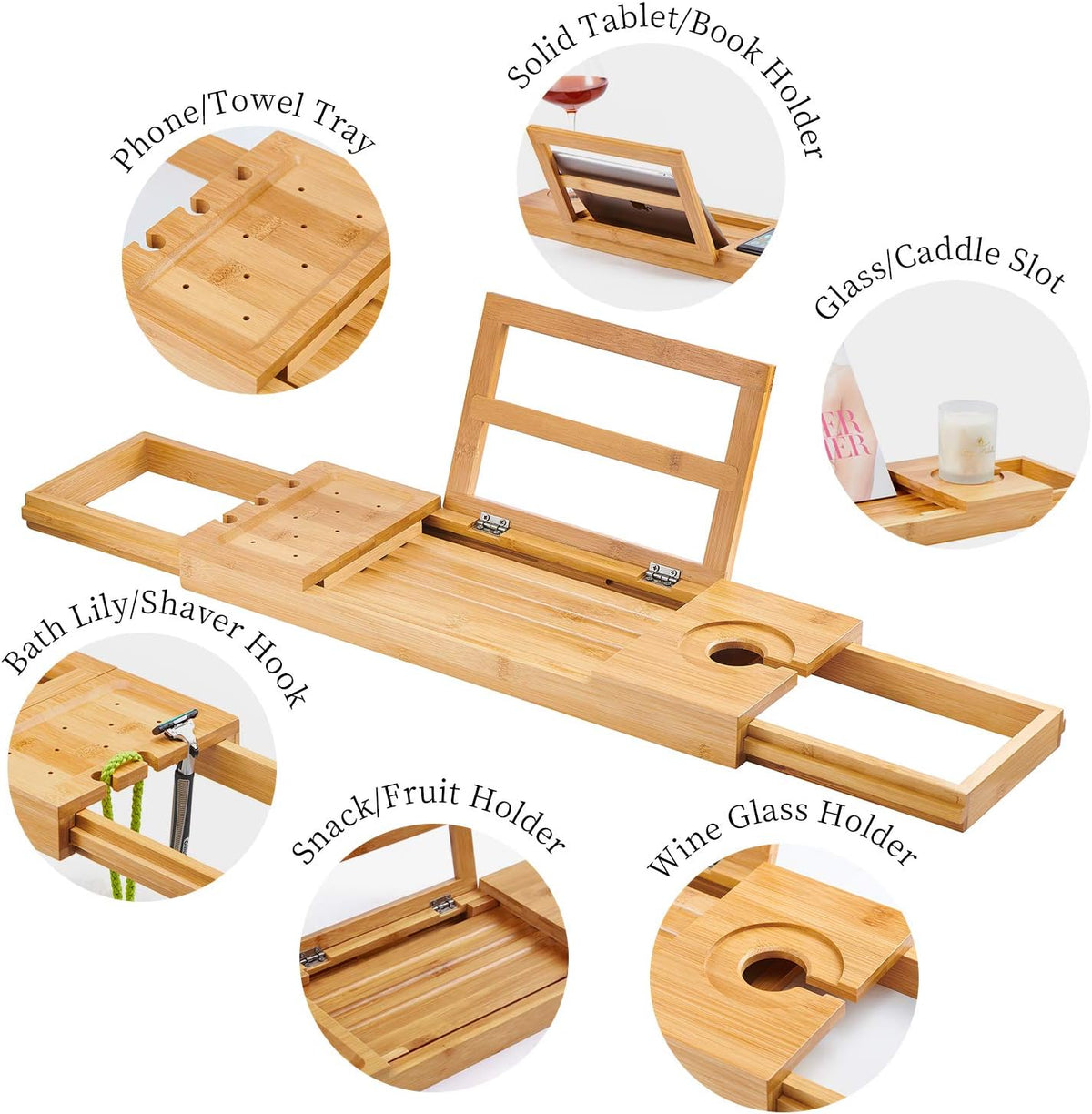 Utoplike Bamboo Bathtub Caddy Tray for Tub, Expandable Bath Table Trays