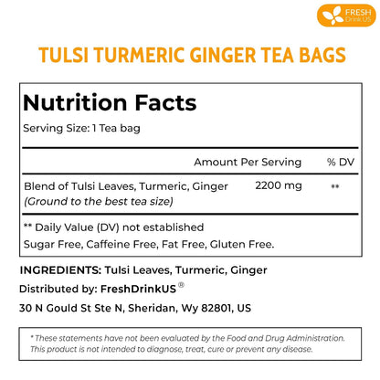 FreshDrinkUS, Premium Tulsi Turmeric Ginger Tea, 75 Count, Caffeine Free