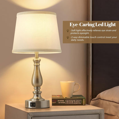 EJIAXIN Lamps for Bedrooms Set of 2, Brushed Nickel Bedside Lamps with USB C+A Ports,Dimmable Nightstand Lamps with Fabric Lampshade, Touch Table Lamp for Living Room Bedroom Office, Bulbs Included