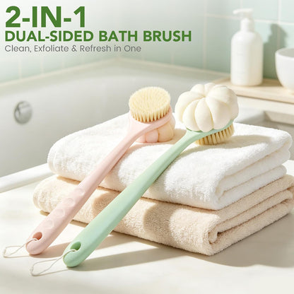 Back Scrubber for Shower, 15.7" Loofah with Handle, Back Shower Brush with Bristles and Loofah, Dry Brushing Body Brush for Cleanse Back and Hard to Reach Areas with Curved Long Handle