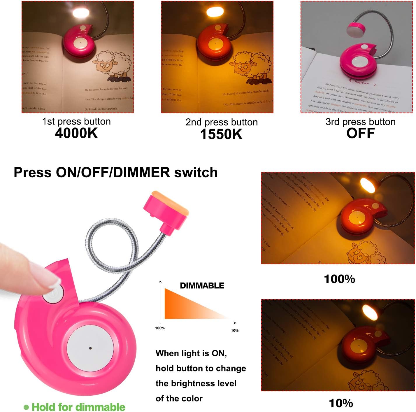 Kids Rechargeable Book Light, Clip on Reading Light for Kid, Kids Reading Lights, Amber Book Light for Reading in Bed, 2 Lighting Modes, Blue Light Blocking, Bookmark Light for Bookworms-Pink