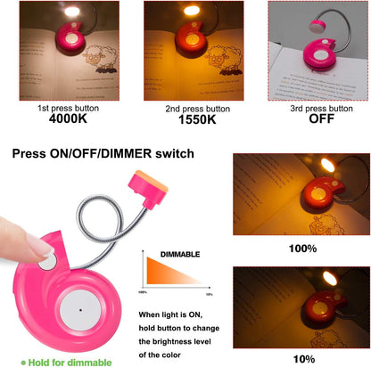 Kids Rechargeable Book Light, Clip on Reading Light for Kid, Kids Reading Lights, Amber Book Light for Reading in Bed, 2 Lighting Modes, Blue Light Blocking, Bookmark Light for Bookworms-Pink