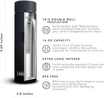London Sip Multi-Purpose Tea Infuser Travel Mug and Tumbler Fruit Infuser Flask Hot and Cold Double Wall Stainless Steel Thermos with Extra-Long Infuser, Midnight Teal