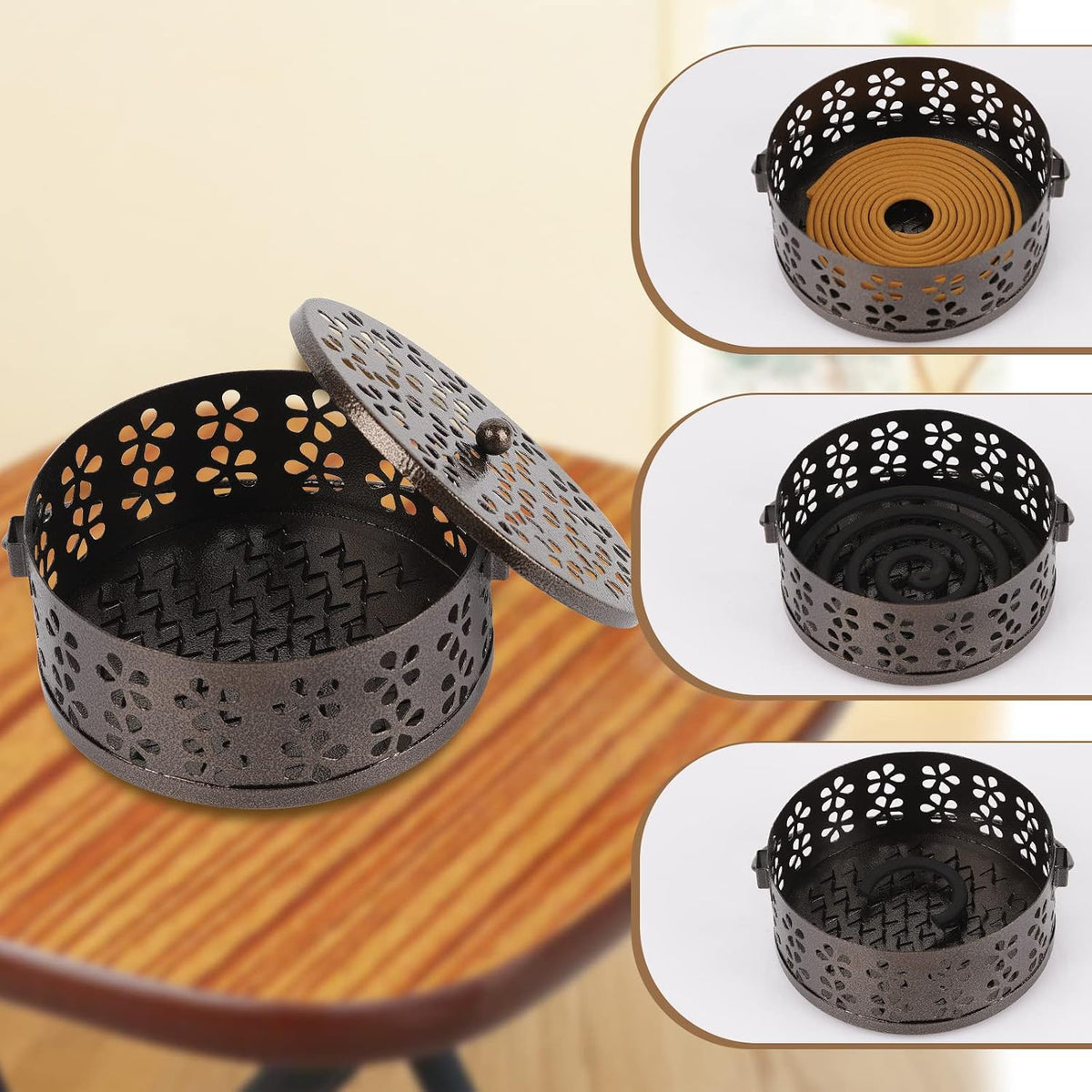 Portable Iron Mosquito Coil Holder with Handle for Outdoor, Bronze
