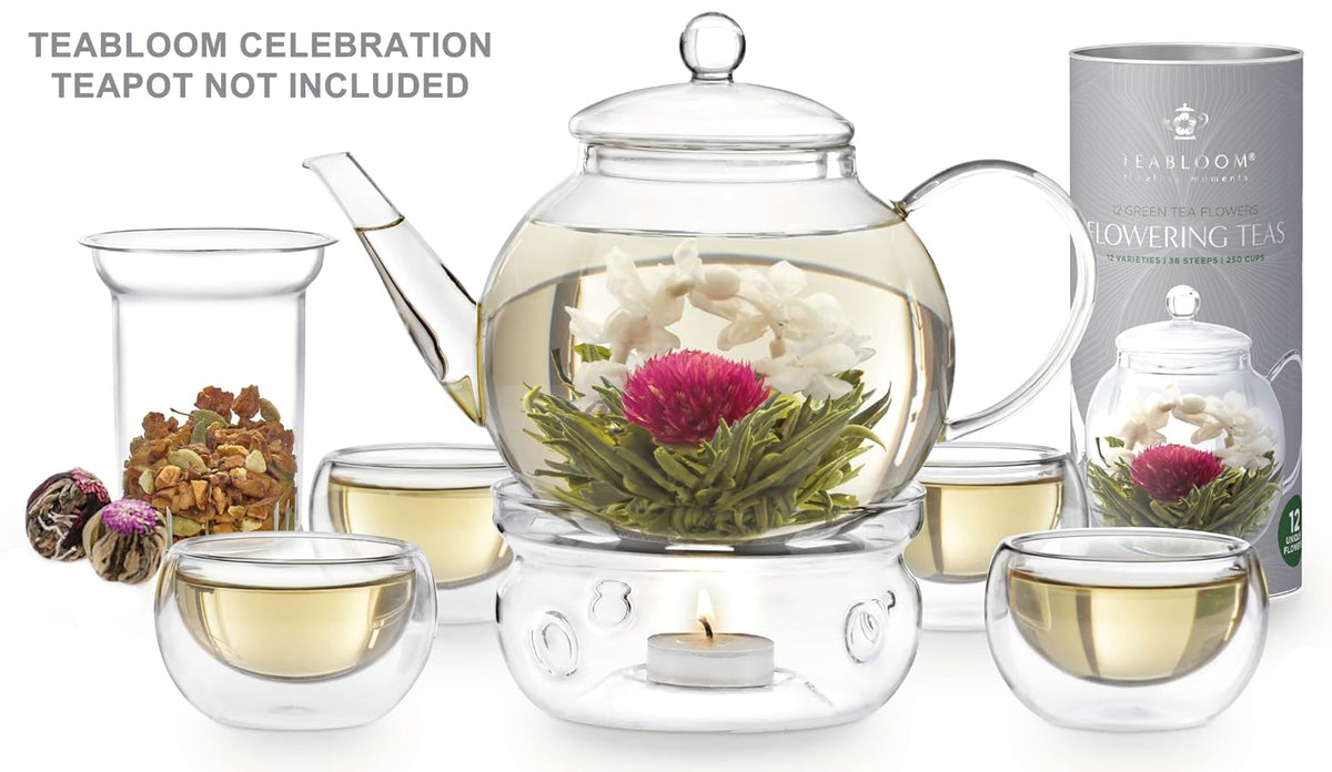 Teabloom Flowering Tea - 12 Unique Varieties of Fresh Blooming Tea Flowers - Hand-Tied Natural Green Tea Leaves & Edible Flowers - 12-Pack Gift Canister - 36 Steeps, Makes 250 Cups