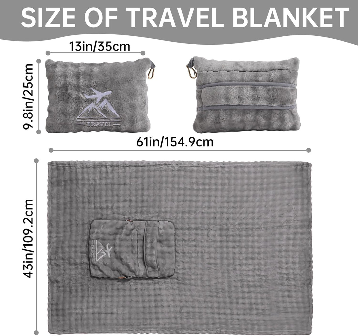 Travel Blanket and Pillow-2-in-1, Ultra-Soft&Compact, One-Piece Airplane Blanket with Hand Luggage Belt and Backpack Clip,Travelers Accessories Gifts, 61x43 Inches (Blue)