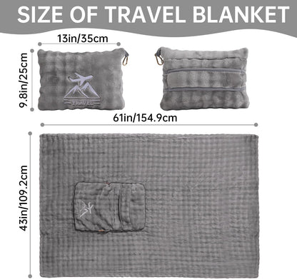 Travel Blanket and Pillow-2-in-1, Ultra-Soft&Compact, One-Piece Airplane Blanket with Hand Luggage Belt and Backpack Clip,Travelers Accessories Gifts, 61x43 Inches (Blue)