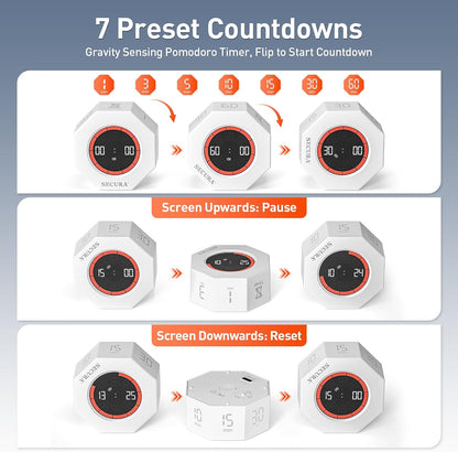 Secura Pomodoro Timer for ADHD & Productivity, Flip Cube Timer with 7 Presets (1/3/5/10/15/30/60 Min), Visual Countdown Progress Bar for Work, Study, Kids & Desk (White)