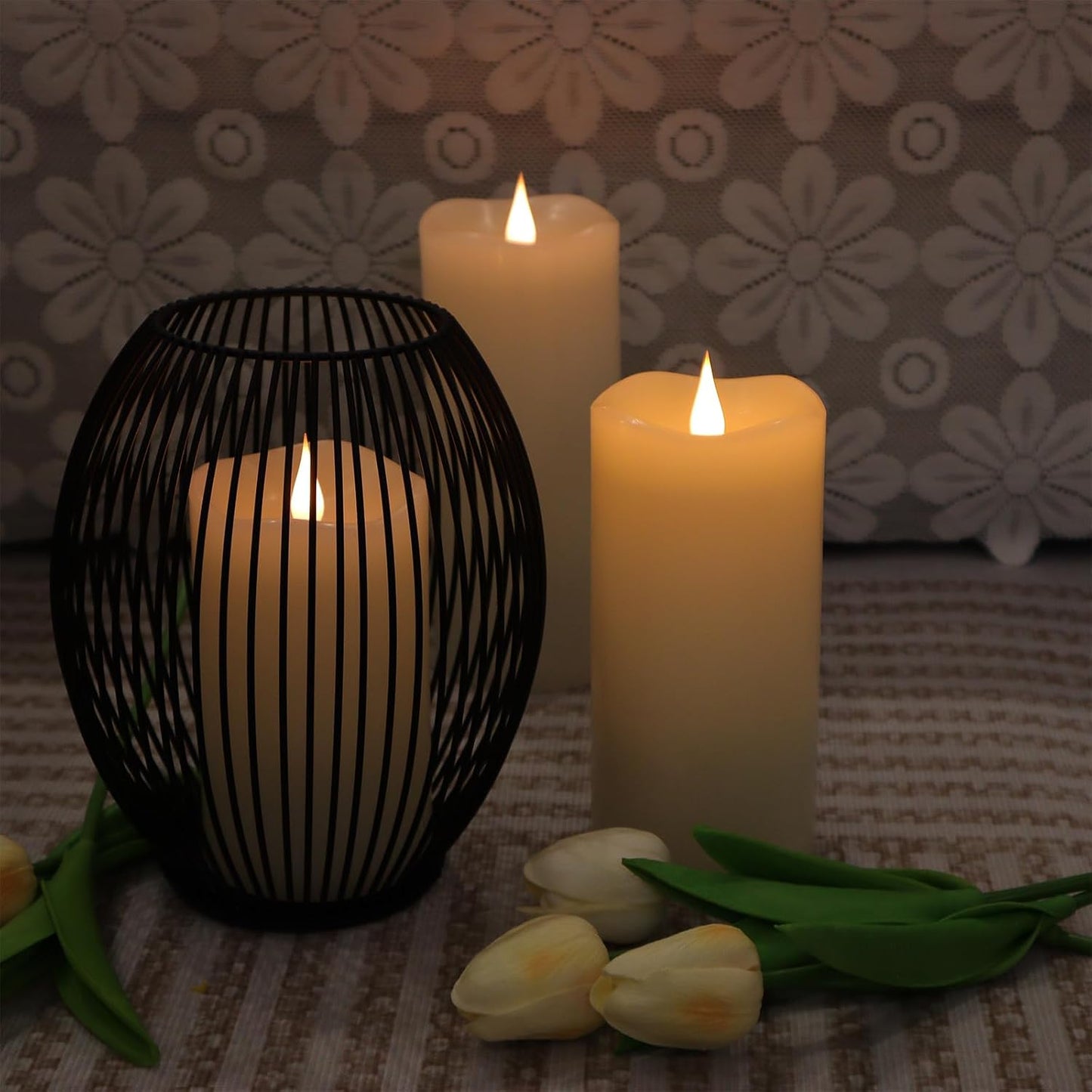 TECHLONG Flickering Flameless Candles with 3D Moving Flame, Last 1000+ Hours Battery Operated Candles with Timer, Ivory Real Wax Pillar Electric LED Candle for Wedding Christmas Party/3" x 5"
