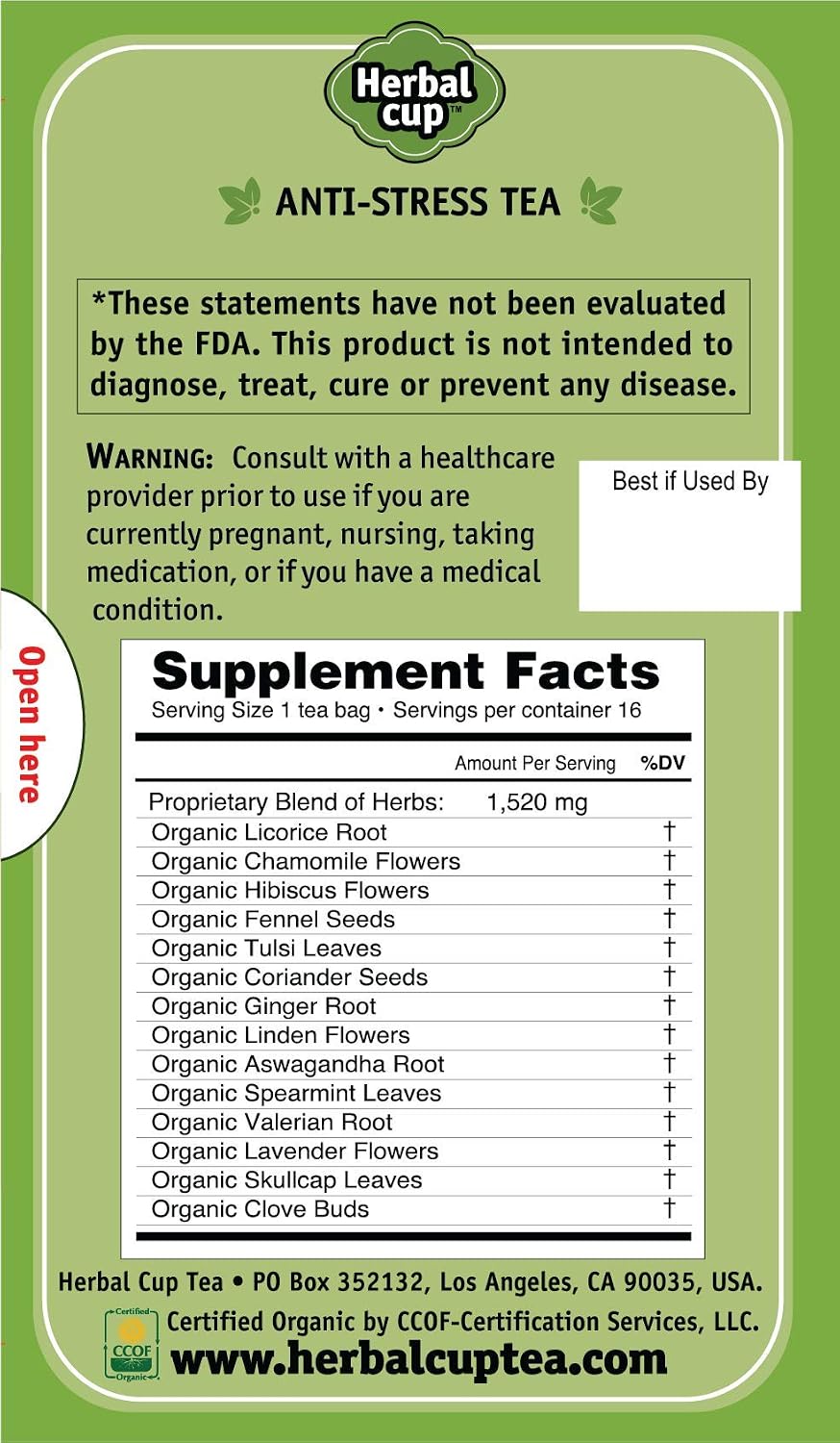 Herbal Cup Ayurveda Tea, Organic Anti-Stress, No Caffeine Herbal Supplement (Anti-Stress, 16 Count (Pack of 1))
