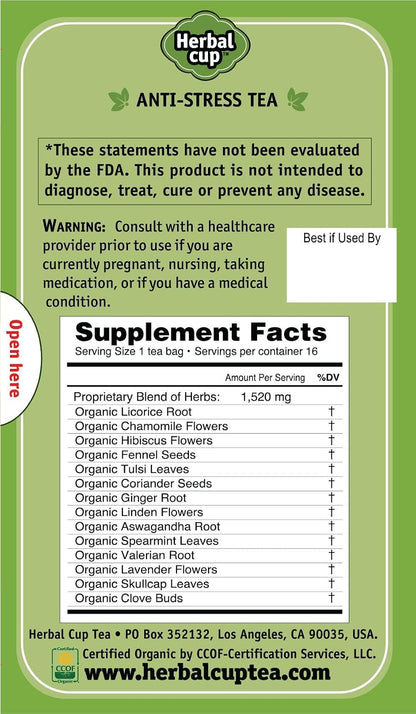 Herbal Cup Ayurveda Tea, Organic Anti-Stress, No Caffeine Herbal Supplement (Anti-Stress, 16 Count (Pack of 1))