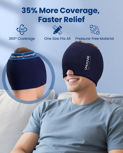ONLYCARE Migraine Relief Cap, Upgraded Headache Relief Cap with Odorless Reusable Gel Head Wrap, Soothing Face Ice Pack Mask Products with Hot & Cold Therapy for Tension, Stress, Hangover & Puffy Eyes
