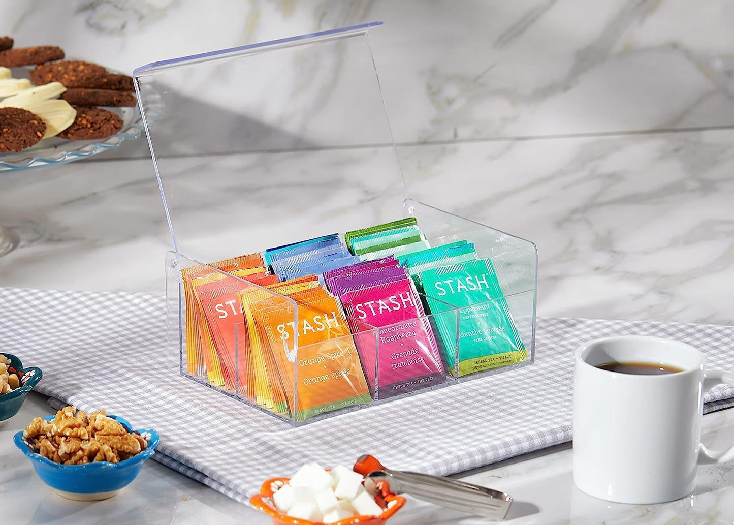 RoyalHouse Acrylic Tea Bag Holder Storage Organizer, 6 Compartment BPA Free Clear Plastic Tea Box with Lid, Multi-Purpose storage Box for Tea Bags, Office Supplies, Crafts, and Small Items.