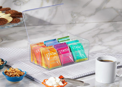 RoyalHouse Acrylic Tea Bag Holder Storage Organizer, 6 Compartment BPA Free Clear Plastic Tea Box with Lid, Multi-Purpose storage Box for Tea Bags, Office Supplies, Crafts, and Small Items.