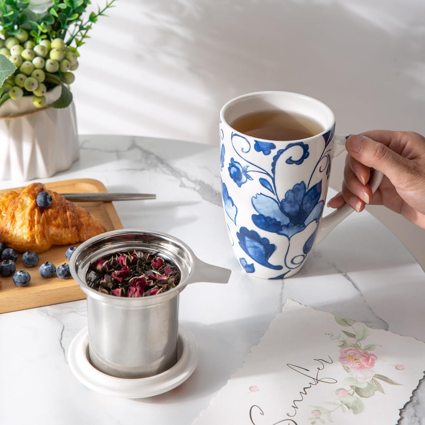 GBhome Tea Mug with Infuser and Lid, 18 Ounce Large Ceramic Loose Leaf Cup, Microwave, Dishwasher Safe, Perfect for Tea Lovers