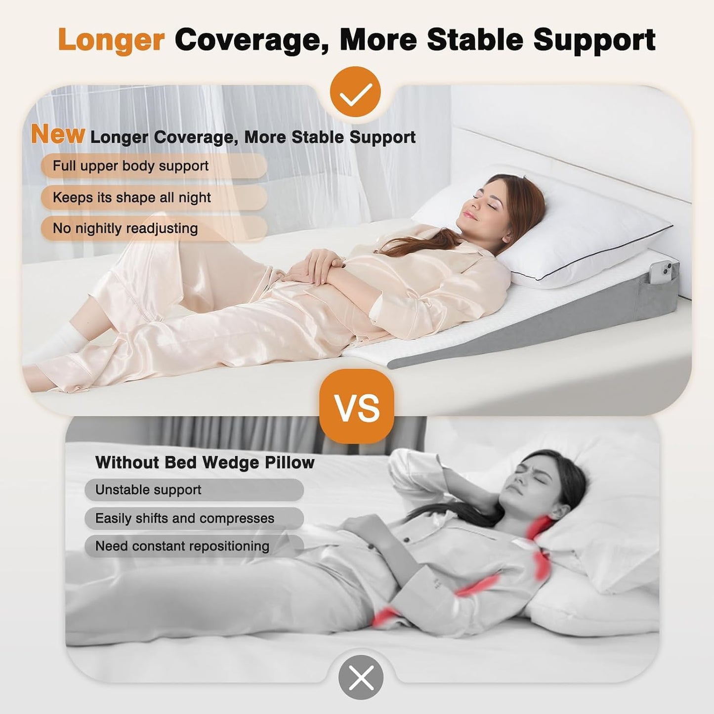 Vekkia 34" Extra-Long Wedge Pillow, 5.5" Bed Wedge Pillow for Sleeping,Gray
