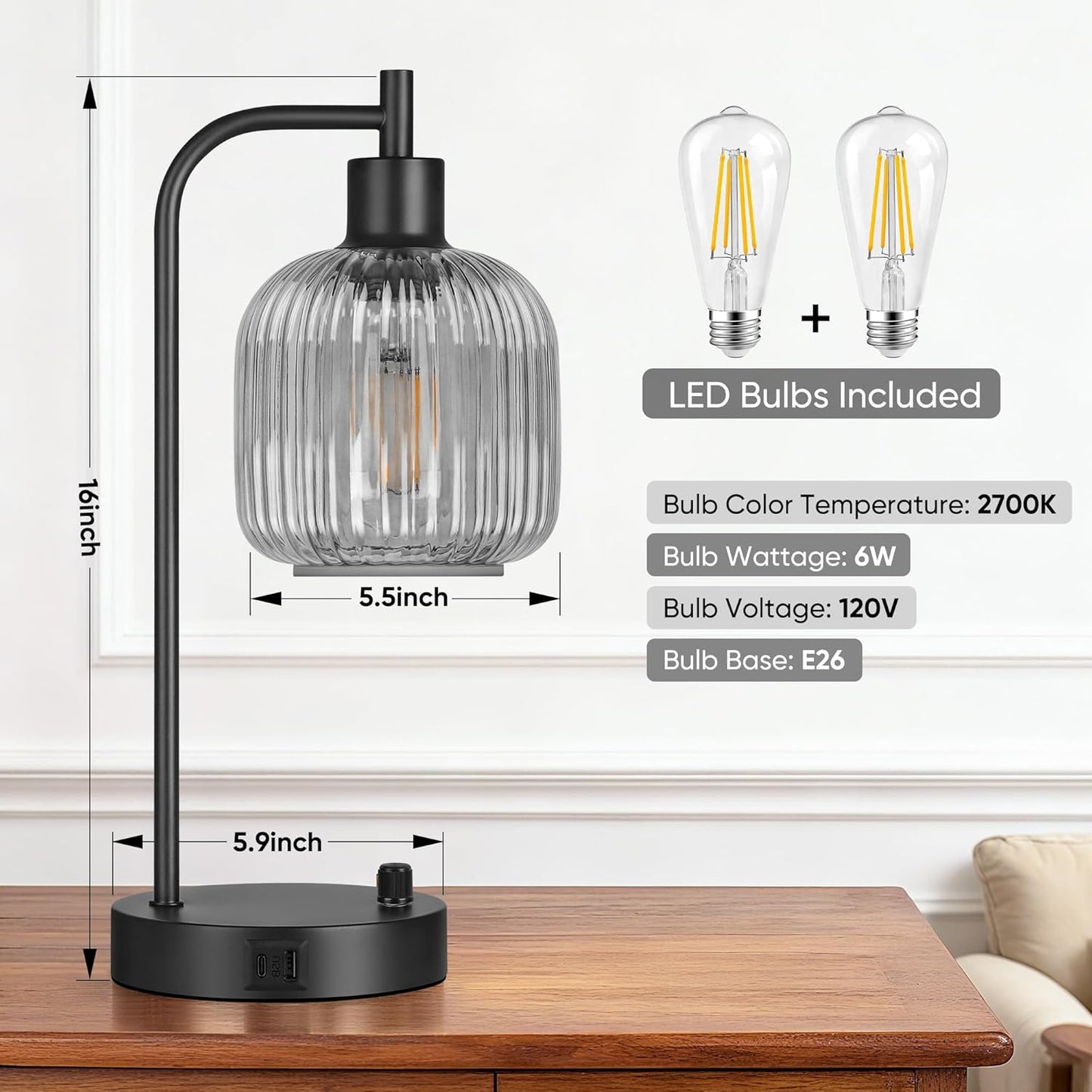 QiMH Industrial Table Lamp for Bedroom Set of 2, Green Glass Beside Lamp with USB A&C Ports, Stepless Dimmable Gold Lamps, Nightstand Lamps for Living Room, Office, Home Decor(Bulb Included)