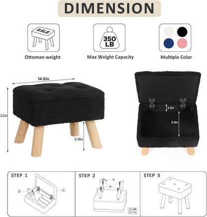 OGEMXU Storage Ottoman, Small Foot Stool Ottoman with Storage, Boucle Teddy Velvet Foot Rest with Padded Seat, Sturdy Wood Legs Stool for Living Room, Bedroom, Couch, Enterway (Cream)
