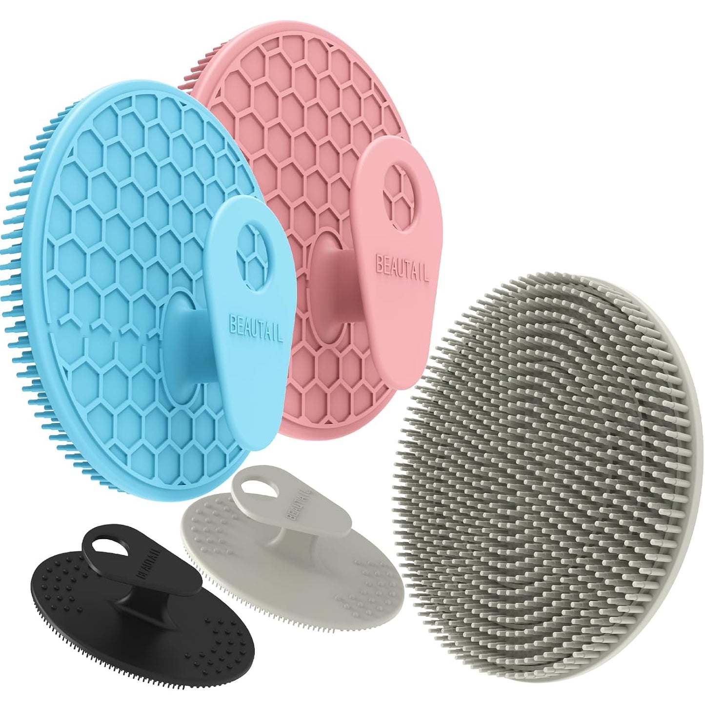 Silicone Body and Face Scrubber Set 5 Pack, BEAUTAIL Shower Bath Scrubber, Gentle Exfoliating Brush for Women Men Sensitive Skin, More Hygienic Than Traditional Loofah, Long Lasting, Black+Pink+Green