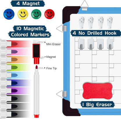 Polegas Dry Erase Whiteboard Calendar, Magnetic White Board Dry Erase Calendar, 16" X 12" Monthly Calendar Whiteboard for Wall, Small Double Side Board to Do List for Home, School, Office (Black)