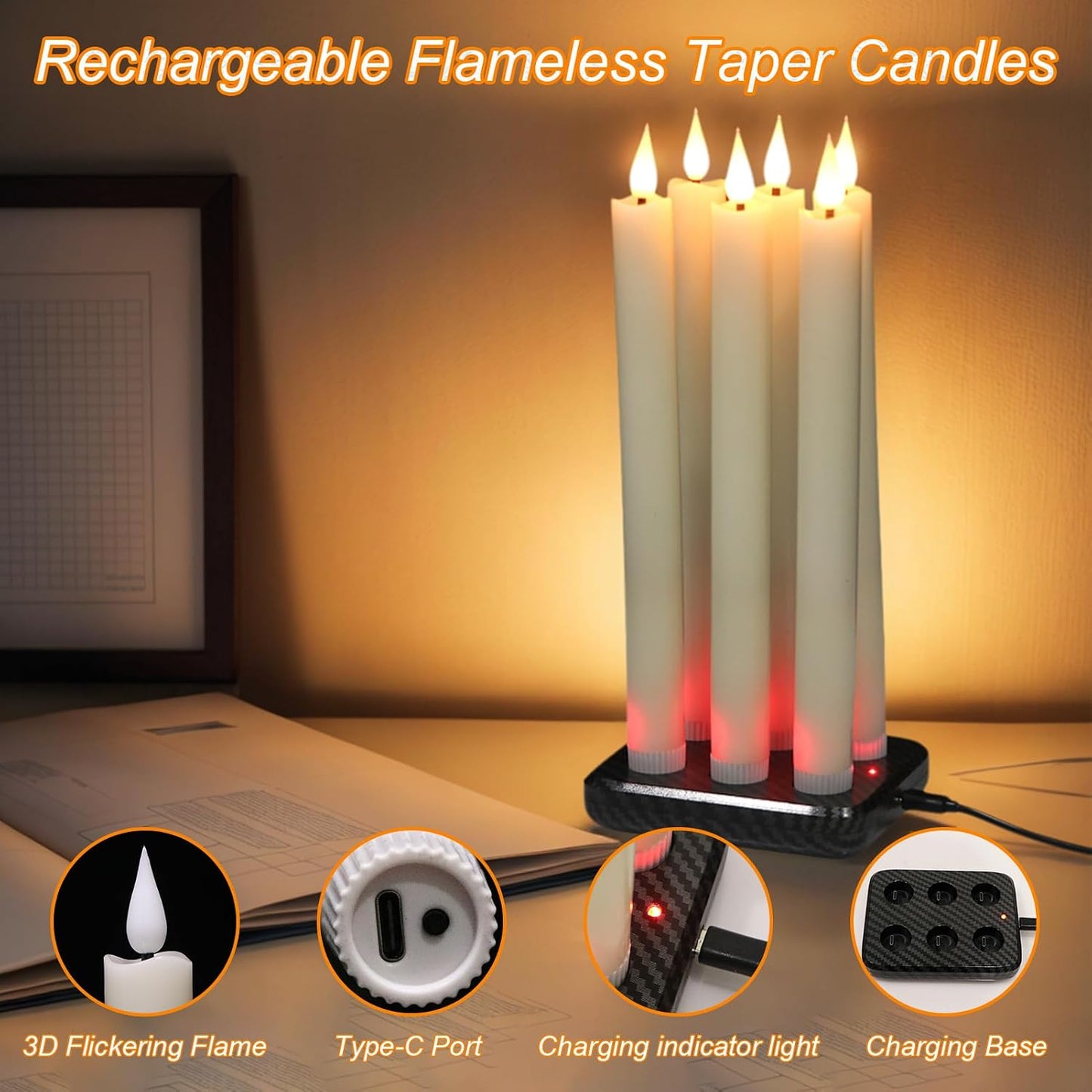 GenSwin Flameless Ivory Taper Candles Flickering with 10-Key Remote, Battery Operated Led Warm 3D Wick Light Window Candles Real Wax Pack of 6, Christmas Home Wedding Decor(0.78 X 9.64 Inch)