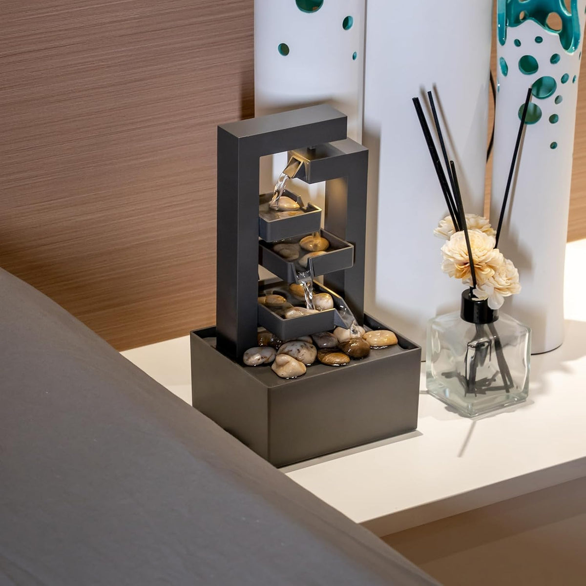 Desktop Waterfall Fountain Small- 9.65" Relaxation Tabletop Fountain with Soothing Sound for Office & Home Decor - Desktop Water Fountain Feature with Natural Stones