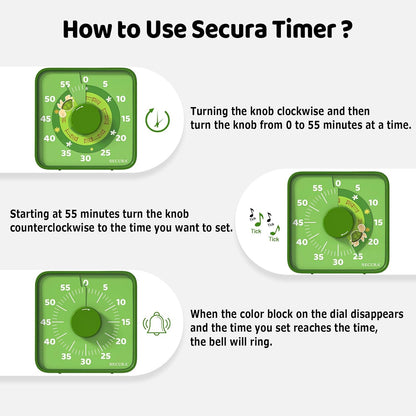 Secura 7.5 Inch Visual Timer, 60 Minute Visual Oversize Countdown Timer for Kids and Adults, Durable Mechanical Time Management Tool (Dark Green)