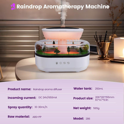 Raindrop Humidifier Diffuser, 250ml Raindrop Aroma Diffuser, LED Mood Light, Auto Off, Micro Landscape Natural Raindrop Cool Mist Humidifier for Bedroom/Yoga/Meditation(White)