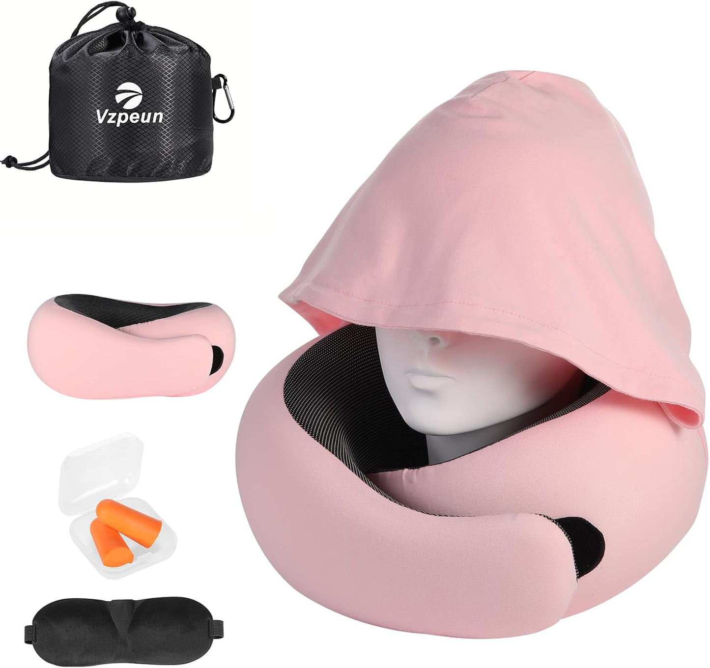 Travel Pillow - Hooded Neck Pillow Airplane Memory Foam Filling for Plane, Office, Cars Sleeping, Road Trip, Long Flights, Airplane Travel Essentials, Includes Eye Mask & Earplugs (Green)